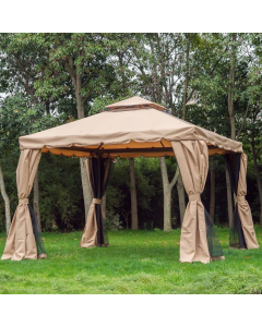 Garden tent with mesh side walls.